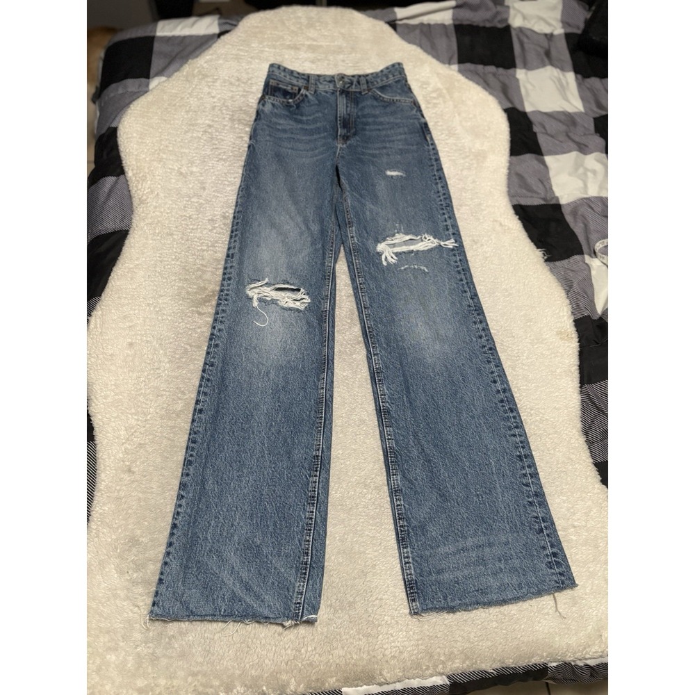 Zara High Waist Women's Blue Wide Leg Denim Jeans Distressed Size 2 26x34